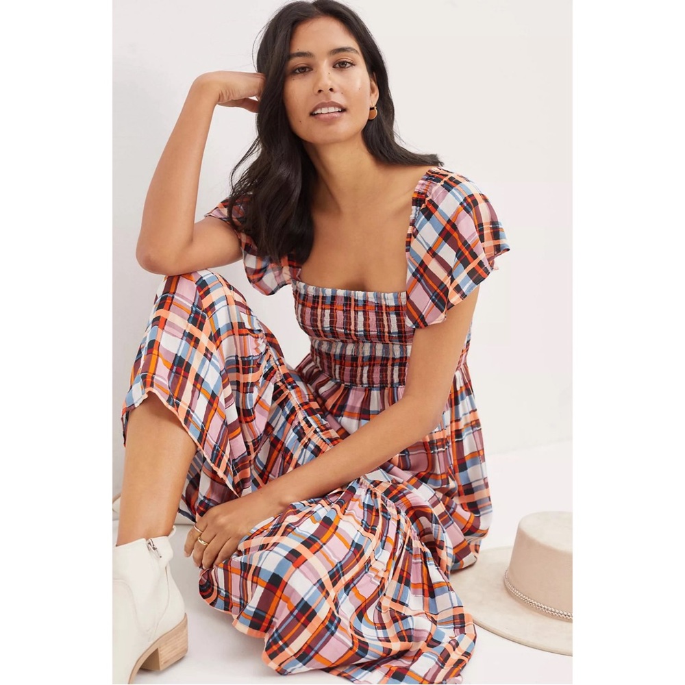 Anthropologie Plaid Ruffled Maxi Dress NWT Size Medium Petite